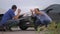 Two men arguing conflict after a car accident on the road car insurance. slow motion video. Two men reporting a car