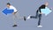 Two men with arrows and running in opposite directions