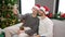 Two men couple celebrating christmas make selfie by smartphone at home