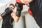 Two men exercising and fighting in outside. Boxer in gloves is training with a coach