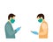 Two men opposite with smartphones in gloves and medical masks stand at a safe distance. flat vector illustration