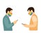 Two men opposite with smartphones in rainbow medical masks stand at a safe distance. flat vector illustration