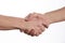 Two men shaking hands over isolated white background.