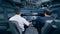 Two men are sitting in a cockpit of a flight simulator. Cockpit cabin flight deck.