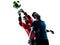 two men soccer player goalkeeper punching heading ball competition silhouette