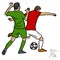 Two men soccer player playing football competition fighting for