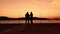 Two men are standing on the quay and fishing in twilight with mountains on background in slowmo