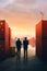 Two men in suits standing in doorway with red containers. Generative AI