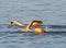 Two men swimming in the bay with orange safety flotation buoys