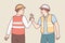 Two men in uniform of builders shake hands holding each others palms tightly.. Vector image