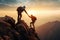 Two men work together to scale a challenging mountain terrain, providing mutual support and encouragement, Hiker helping friend