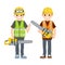 Two Men workers in uniform with helmets, chainsaw and glasses. Industrial safety. Loggers and objects for sawing wood