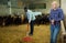 Two men working in goat barn