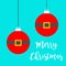 Two Merry Christmas ball toy set hanging. Dash line. Santa Claus Coat red costume with yellow golden belt buckle. Tree decoration