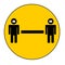 Two meter or 6 feet social distancing circle: people in masks on yellow icon vector with arrow and words separating people for pub