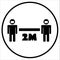 Two meter social distancing circle: people in masks black and white icon vector with arrow and words separating people for public