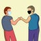 Two middle age business wearing cloth face mask. Working together with giving fist bump. yellow background