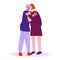 Two middle-aged women friends, colleagues greet each other with a hug and a kiss. Vector illustration in flat cartoon