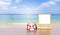 Two miniature worker lifting lifebuoy with blank plastic sign over blurred beach background