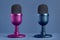 Two minimalist, modern and colorful microphones for streaming, gaming and podcasting face to face on a pastel color background.