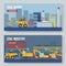 Two mining industry horizontal banners set, vector illustration. Coal extracting and miner transportation with outdoor