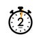 two minutes stopwatch icon, timer symbol, cooking time, cosmetic or chemical application time, 2 min waiting time vector