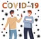 Two mix race guys wearing face medical masks among flying virus, dangerous covid-19, world pandemic