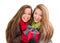 Two Mixed Race Teenaged Females Holding A Christmas Gift Isolated