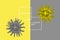 Two models of coronavirus Covid-19 in neutral and yellow colors, pandemic concept, Illuminating and Ultimate gray Pantone color of