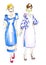 Two models sketches of women`s clothing for the office in romantic white-blue style