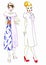 Two models sketches of women`s clothing for the office in romantic white-blue style