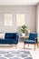 Two modern art paintings hanging on wall in real photo of bright sitting room interior with blue couch and armchair, fresh plant a