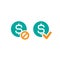 Two money icons. Blue circles with dollar signs and orange circle with tick and crossed circle. Flat icon.