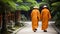 Two Monks in Orange Robes Walk Down a Path