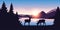 Two moose graze by the river in the forest at sunrise