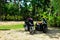 Two motor bikes on jungle forest background