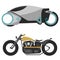 Two motorcycles on white, modern, futuristic motobike and old retro motorcycle