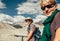 Two mountain bikers portrait on Himalaya view