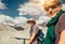 Two mountain bikers portrait on Himalaya view