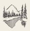 Two mountains spruce forest and lake vector sketch