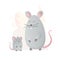 Two mouse look at each other. Animals mom and baby. Cartoons cute animals in flat style. Print for clothes. Vector