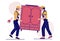 Two movers carrying closet, vector illustration. Relocation. Moving company service. Furniture delivery.