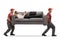 Two movers carrying a man with headphones on a sofa