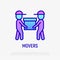 Two movers are holding the box. Thin line icon. Modern vector illustration of delivery service, moving service