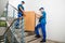 Two Movers Standing With Box On Staircase