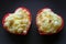 Two muffin hearts on brown plate. Lovely morning breakfast. Romantic symbol