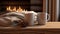 Two mugs, filled with steaming beverages, sit on a wooden table beside a fireplace in a country house. A soft woolen