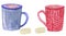 Two mugs with hot drinks on a white background. blue and red textured winter cup with marshmallows. warm christmas drink,