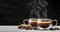 Two mugs of masala tea. Hot indian masala chai tea with milk and spices in a glass glass on dark background. place for text