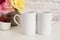 Two Mugs. White Mugs Mockup. Blank White Coffee Mug Mock Up. Styled Photography. Coffee Cup Product Display. Two Coffee Mugs On Wh